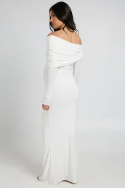 boohoo Robe Maxi Longue De Maternité Bardot À Manches Longues En Double Slinky<Femme Toutes Les Robes|Robes Longues