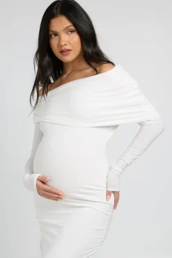 boohoo Robe Maxi Longue De Maternité Bardot À Manches Longues En Double Slinky<Femme Toutes Les Robes|Robes Longues