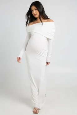 boohoo Robe Maxi Longue De Maternité Bardot À Manches Longues En Double Slinky<Femme Toutes Les Robes|Robes Longues