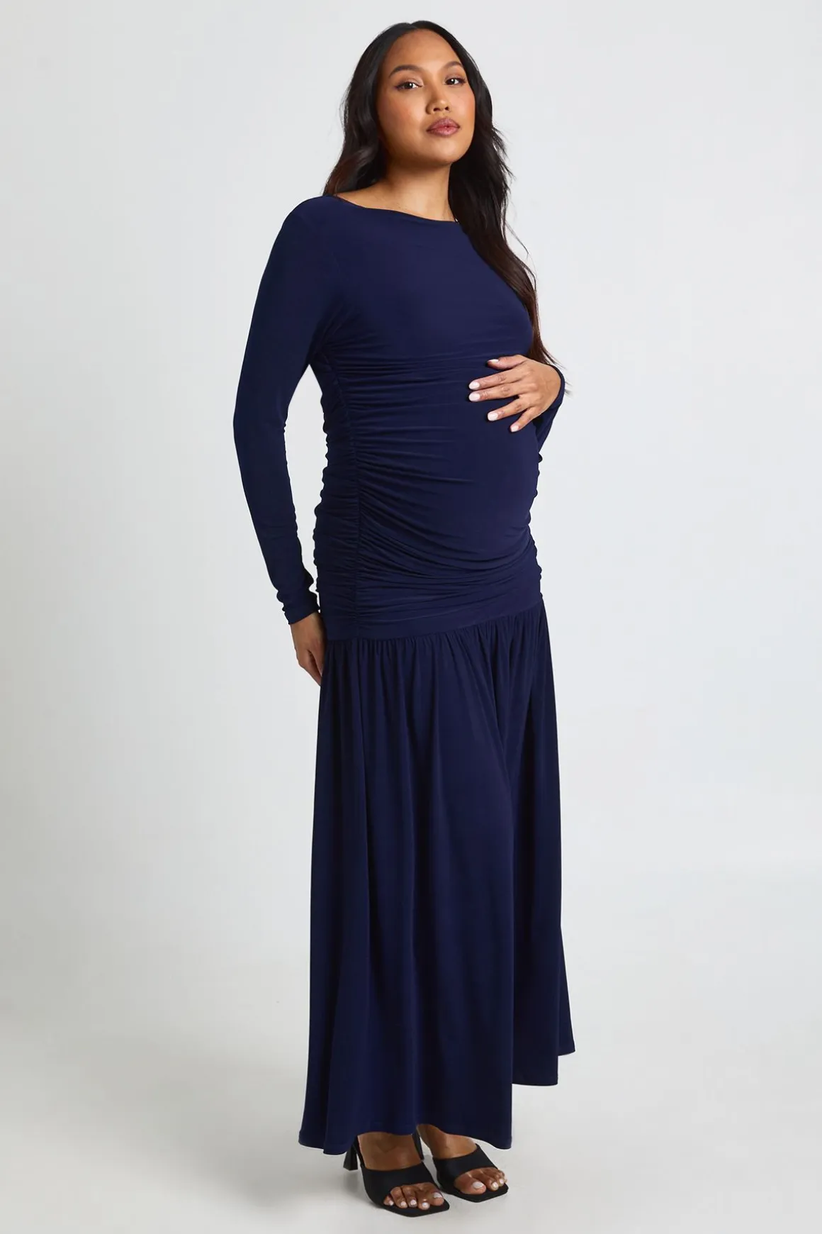 Robe Maxi Longue De Maternité À Manches Longues Froncée Douce