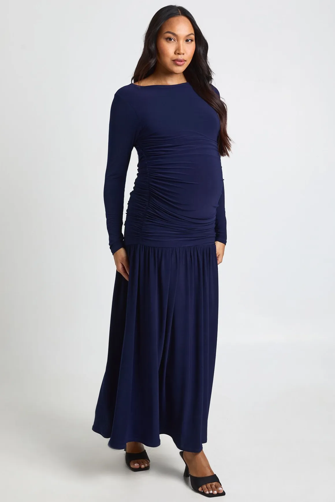 Robe Maxi Longue De Maternité À Manches Longues Froncée Douce