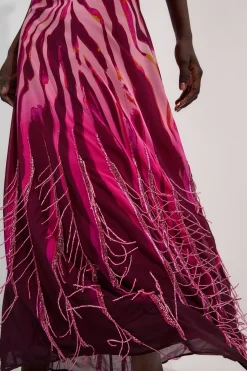 Robe Maxi Longue en Georgette à Imprimé Animal avec Manches Courtes et Ornements