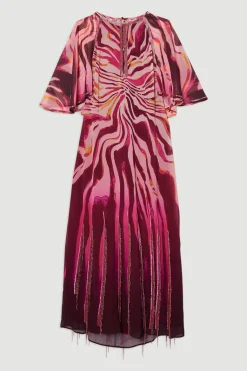 Robe Maxi Longue en Georgette à Imprimé Animal avec Manches Courtes et Ornements