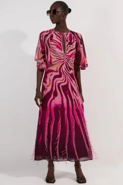 Robe Maxi Longue en Georgette à Imprimé Animal avec Manches Courtes et Ornements