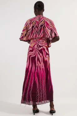 Robe Maxi Longue en Georgette à Imprimé Animal avec Manches Courtes et Ornements