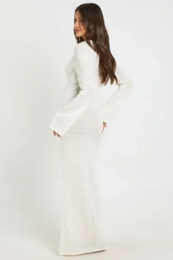 Robe Maxi Longue En Maille À Encolure Bardot Et Manches Longues