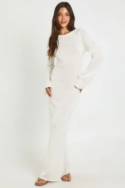 Robe Maxi Longue En Maille À Encolure Bardot Et Manches Longues