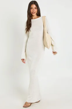 Robe Maxi Longue En Maille À Encolure Bardot Et Manches Longues