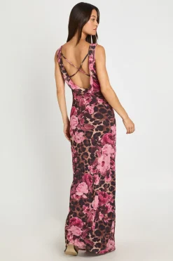 boohoo Robe Maxi Longue En Mesh À Imprimé Et Floral Avec Col Bénitier<Femme Robes Moulantes|Robes