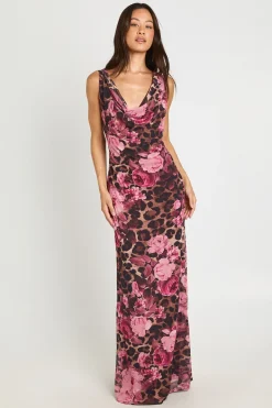 boohoo Robe Maxi Longue En Mesh À Imprimé Et Floral Avec Col Bénitier<Femme Robes Moulantes|Robes