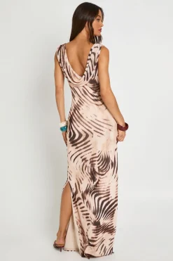 boohoo Robe Maxi Longue En Mesh Imprimé Animal Tonal Avec Col Bénitier Large<Femme Robes|Robes De Soirée