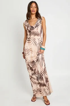 boohoo Robe Maxi Longue En Mesh Imprimé Animal Tonal Avec Col Bénitier Large<Femme Robes|Robes De Soirée