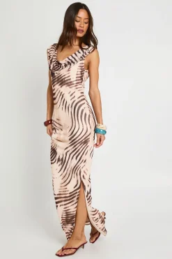 boohoo Robe Maxi Longue En Mesh Imprimé Animal Tonal Avec Col Bénitier Large<Femme Robes|Robes De Soirée