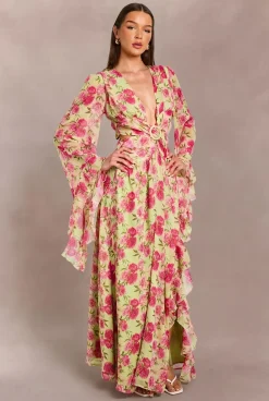 Robe Maxi Longue En Mousseline À Imprimé Floral Et Décolleté Plongeant