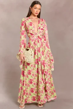Robe Maxi Longue En Mousseline À Imprimé Floral Et Décolleté Plongeant