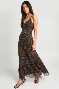 Robe Maxi Longue Imprimé Animal Tonal À Bretelles Fines