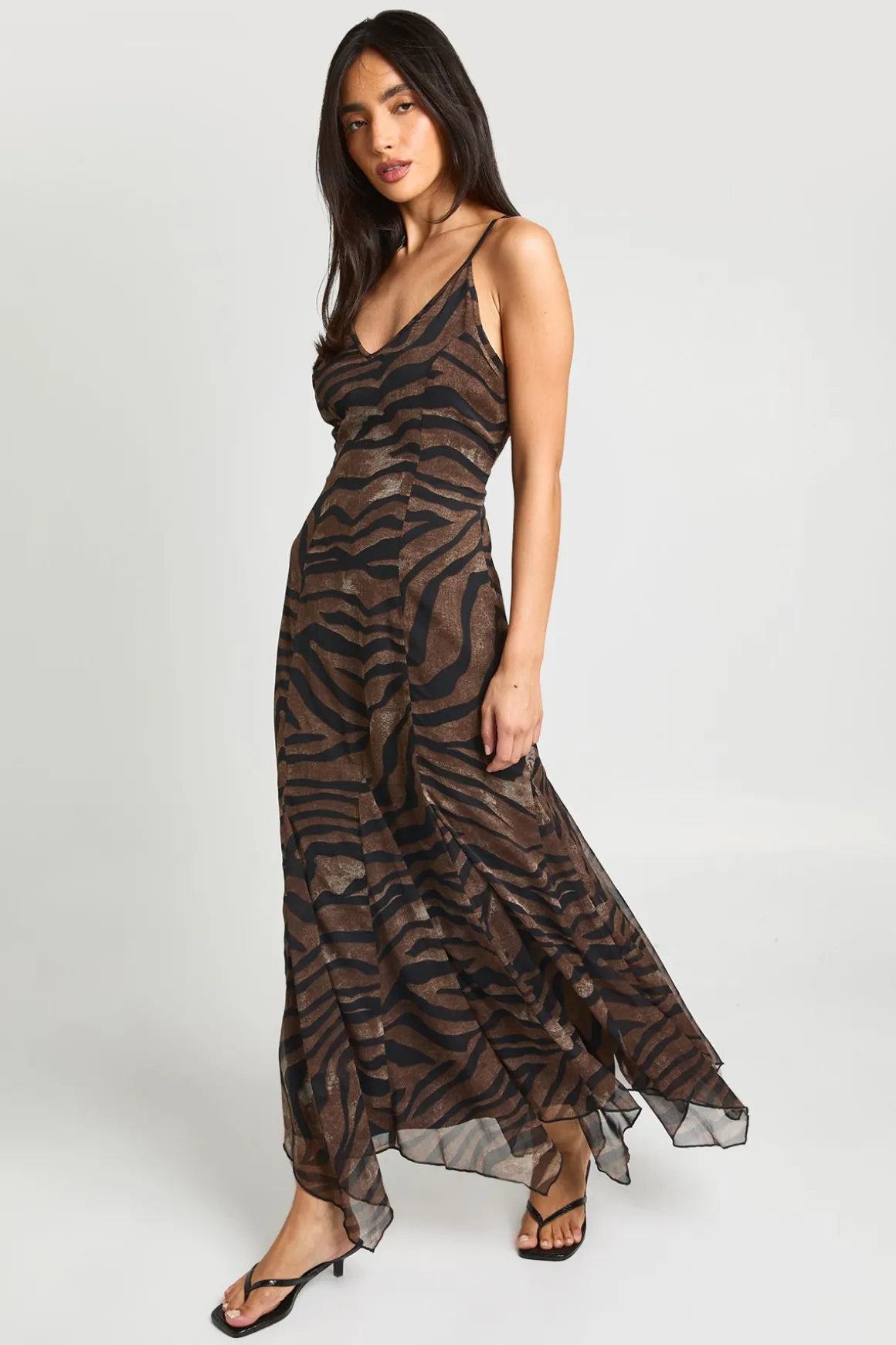 Robe Maxi Longue Imprimé Animal Tonal À Bretelles Fines