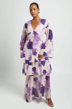 Robe Maxi Longue À Manches Longues En Mousseline À Volants Grande Taille