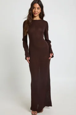 Robe Maxi Longue Tricotée À Encolure Bardot Et Manches Longues