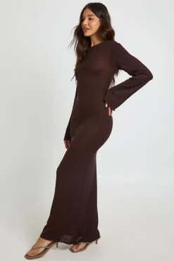Robe Maxi Longue Tricotée À Encolure Bardot Et Manches Longues