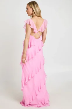 boohoo Robe Maxi Longue À Volants En Mousseline Pour Petite Taille<Femme Robes|Robes De Soirée