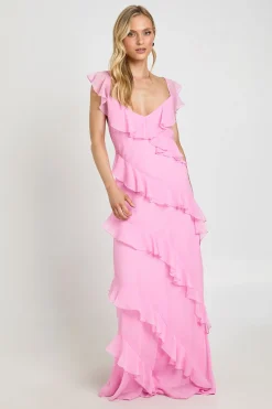 boohoo Robe Maxi Longue À Volants En Mousseline Pour Petite Taille<Femme Robes|Robes De Soirée