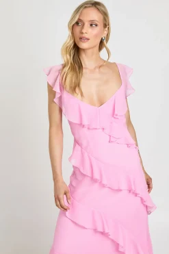 boohoo Robe Maxi Longue À Volants En Mousseline Pour Petite Taille<Femme Robes|Robes De Soirée