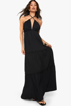 Robe Maxi Longue À Volants Étagés Avec Bretelles Texturées Froissées