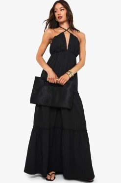 Robe Maxi Longue À Volants Étagés Avec Bretelles Texturées Froissées