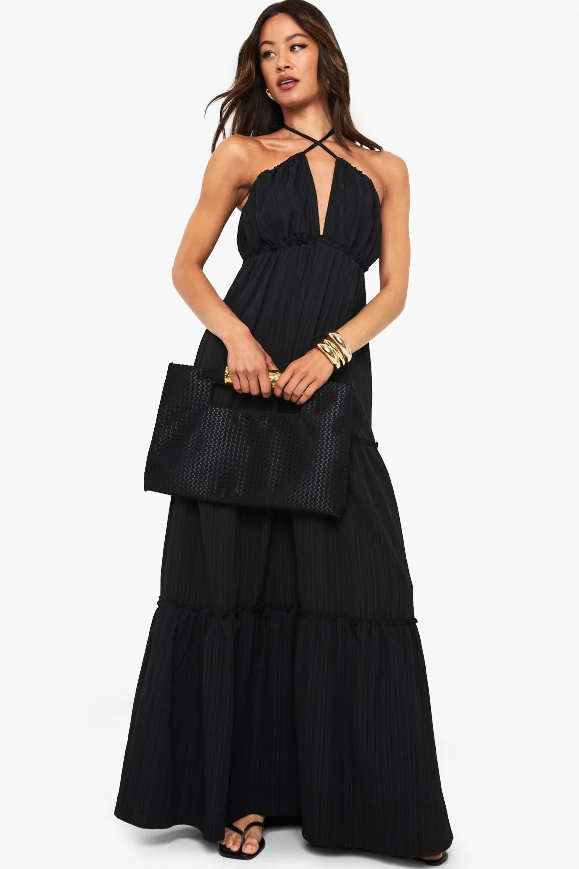 Robe Maxi Longue À Volants Étagés Avec Bretelles Texturées Froissées