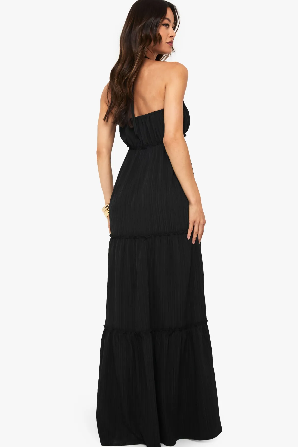 Robe Maxi Longue À Volants Étagés Avec Bretelles Texturées Froissées