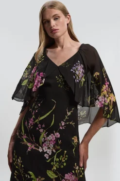 Robe Maxi à Manches Cape en Viscose Tissée avec Imprimé Floral Bordure