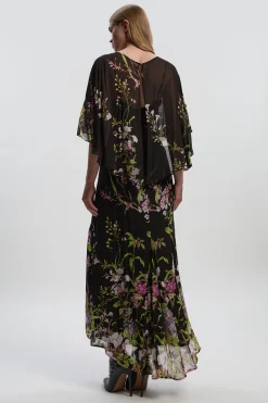 Robe Maxi à Manches Cape en Viscose Tissée avec Imprimé Floral Bordure
