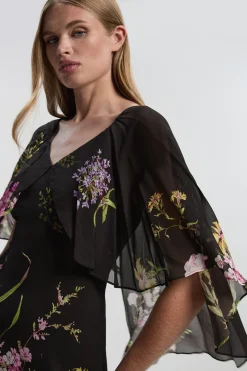 Robe Maxi à Manches Cape en Viscose Tissée avec Imprimé Floral Bordure