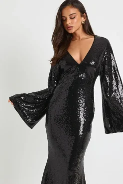 boohoo Robe maxi à manches d'ange en sequins<Femme Robes À Manches Longues|Robes