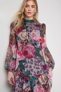 Robe Maxi à Manches Longues avec Taille Courbée Tombante Imprimée