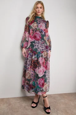 Robe Maxi à Manches Longues avec Taille Courbée Tombante Imprimée