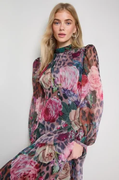 Robe Maxi à Manches Longues avec Taille Courbée Tombante Imprimée