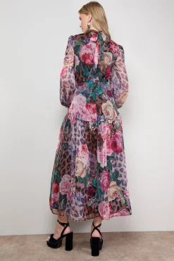 Robe Maxi à Manches Longues avec Taille Courbée Tombante Imprimée