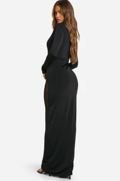 boohoo Robe Maxi à Manches Longues avec Détail en Maille Slinky<Femme Robes À Manches Longues|Robes