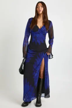 Robe maxi à manches longues en chiffon avec décolleté plongeant et imprimé floral