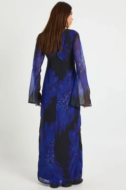 Robe maxi à manches longues en chiffon avec décolleté plongeant et imprimé floral
