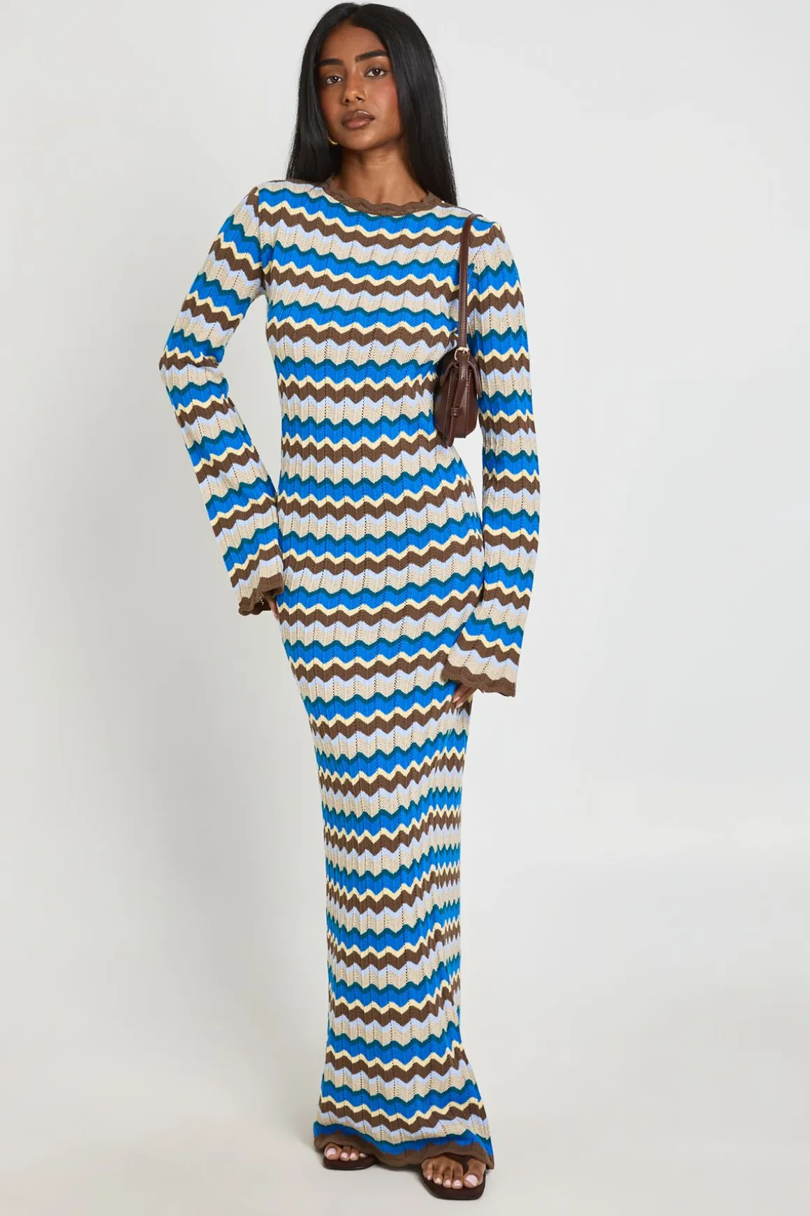Robe Maxi À Manches Longues En Maille Rayée