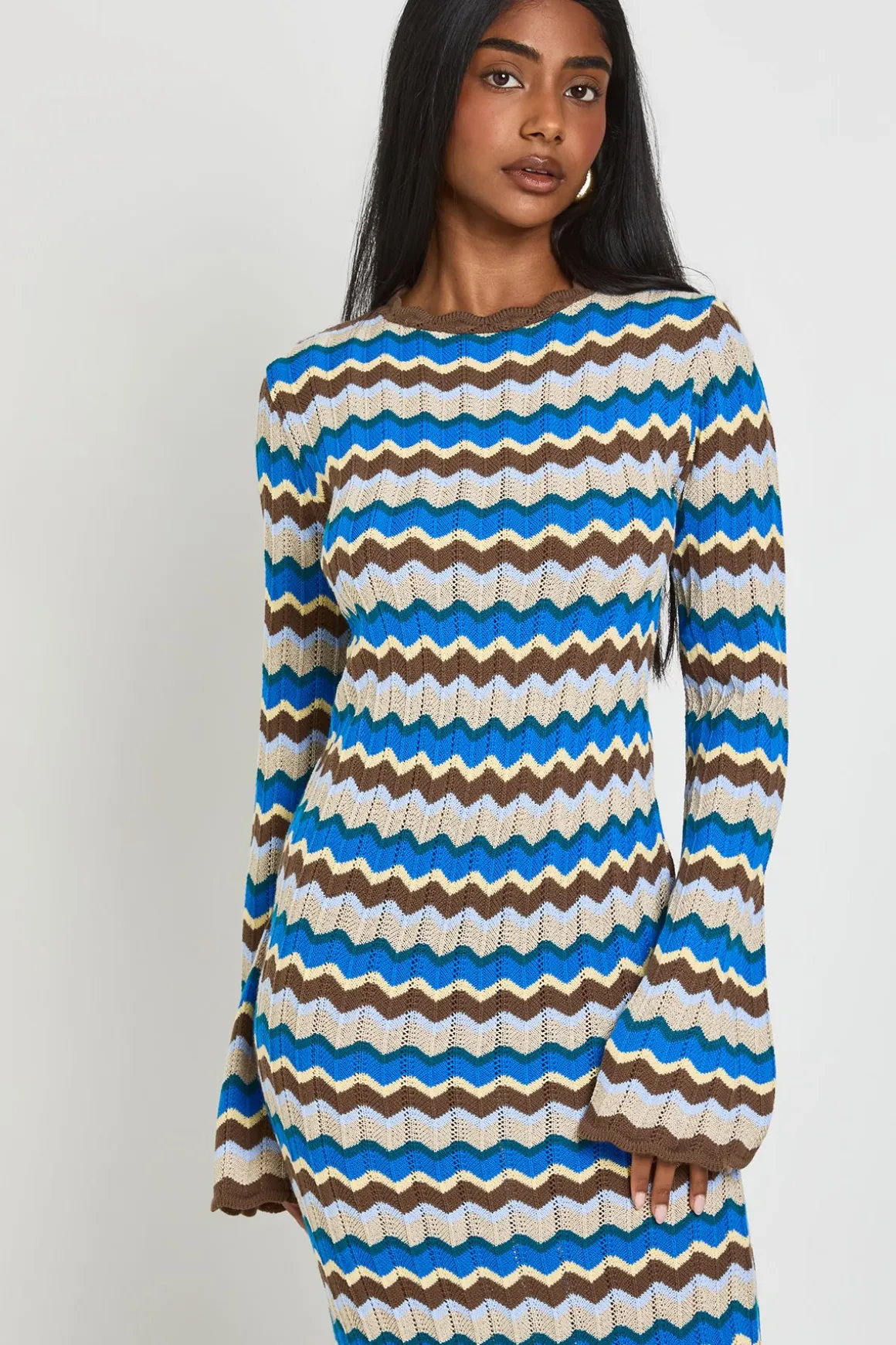 Robe Maxi À Manches Longues En Maille Rayée