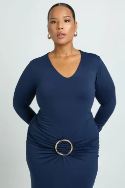 Robe Maxi à Manches Longues Froncée avec Bordure Dorée