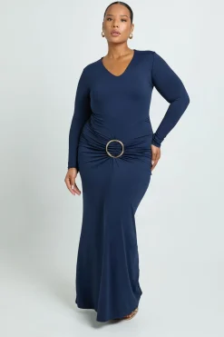 Robe Maxi à Manches Longues Froncée avec Bordure Dorée