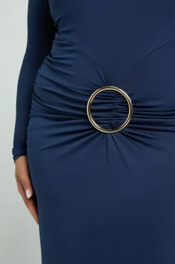 Robe Maxi à Manches Longues Froncée avec Bordure Dorée