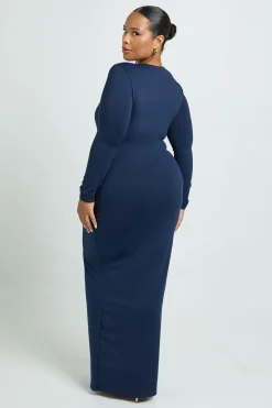 Robe Maxi à Manches Longues Froncée avec Bordure Dorée