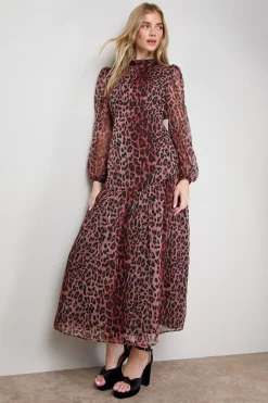Robe Maxi à Manches Longues Imprimée avec Taille Basse Courbée