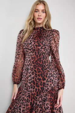 Robe Maxi à Manches Longues Imprimée avec Taille Basse Courbée